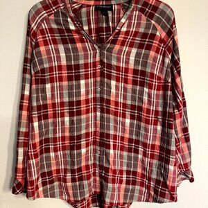 Lane Bryant Sz 18/20 Gorgeous Red  plaid Button blouse Shirt Top roll sleeves